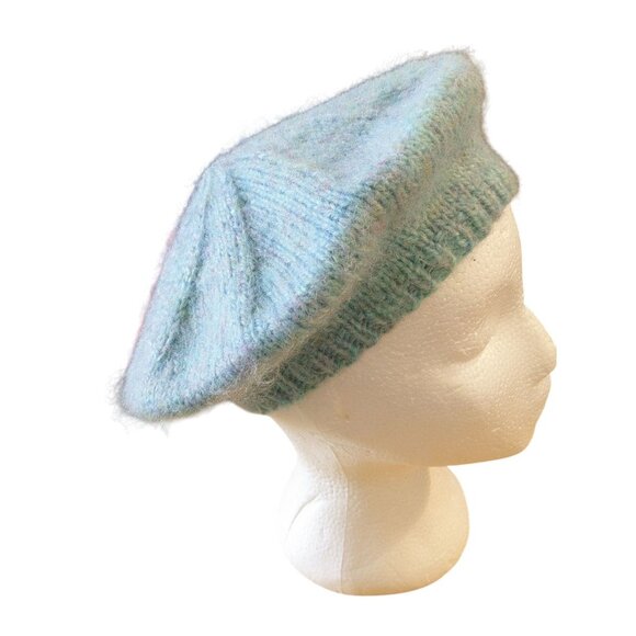 Handmade Womens Fuzzy Beret Hat Light Blue Marled Purple Flecks Winter Warm - Picture 2 of 5